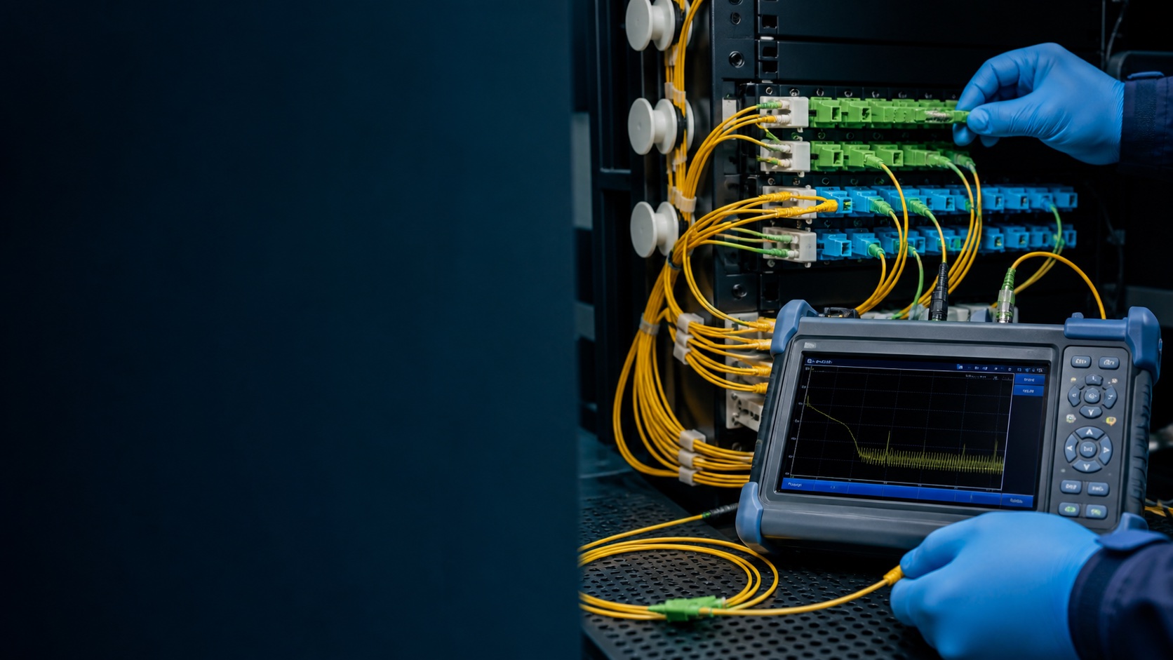 Engineer testing single-mode fibre patch panels with an OTDR trace displayed on the test set