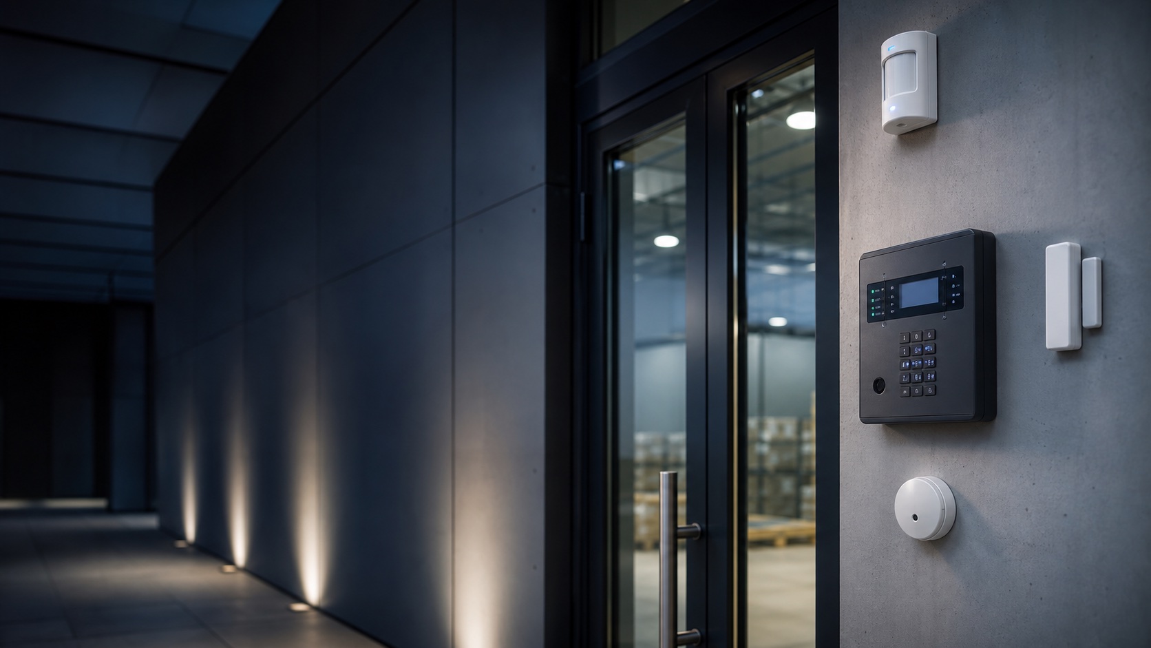 Intrusion alarm keypad, PIR detector and door contact installed at a commercial building entrance