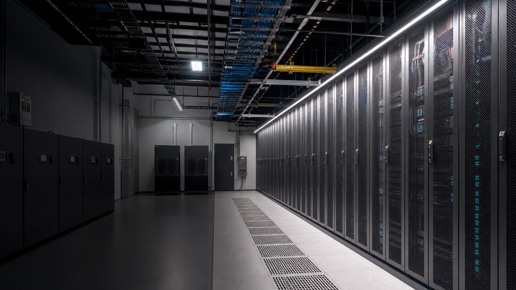 Data centre cold aisle with rows of server cabinets, overhead containment and precision cooling units
