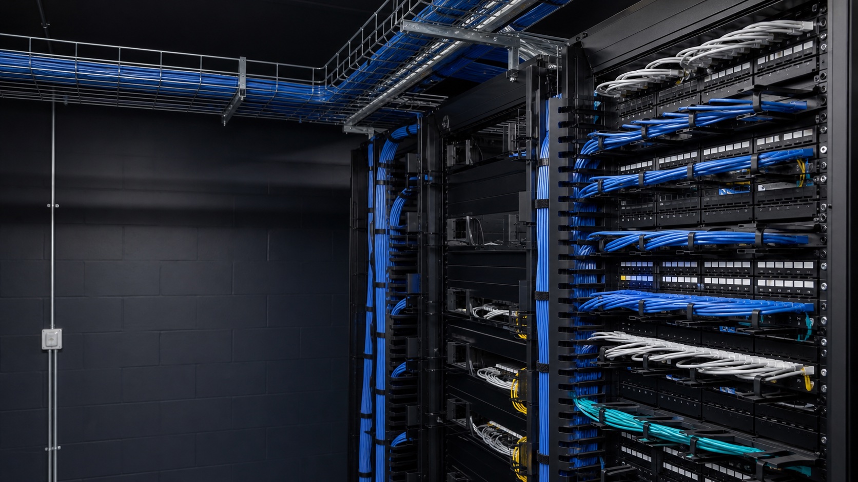 Structured cabling patch panels, cable management and overhead basket containment in a network room