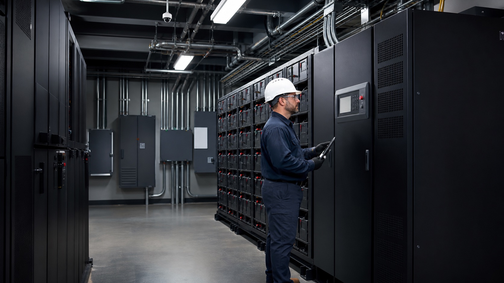 Technician inspecting a UPS system and battery cabinets in a critical power room
